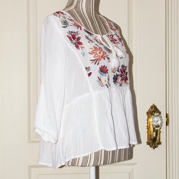 Forgotten Grace Embroidered Peasant Blouse White Gauze L - Picture 4 of 6
